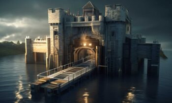 Famous bridge illuminated by modern technology Outdoors generated by artificial intelligence